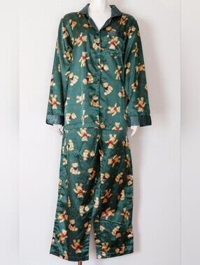 Vintage 90's Teddy Bear Pajama Set Silky Green Sleep Pants and Button Up Shirt L